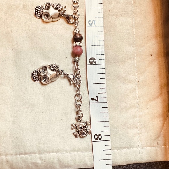 Stainless Steel Chain Link Bracelet Removable Skull Charms Round Rhodonite Beads - Picture 4 of 8